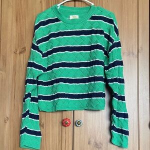 Maeve Anthropologie Green Navy Striped Sweater M EUC